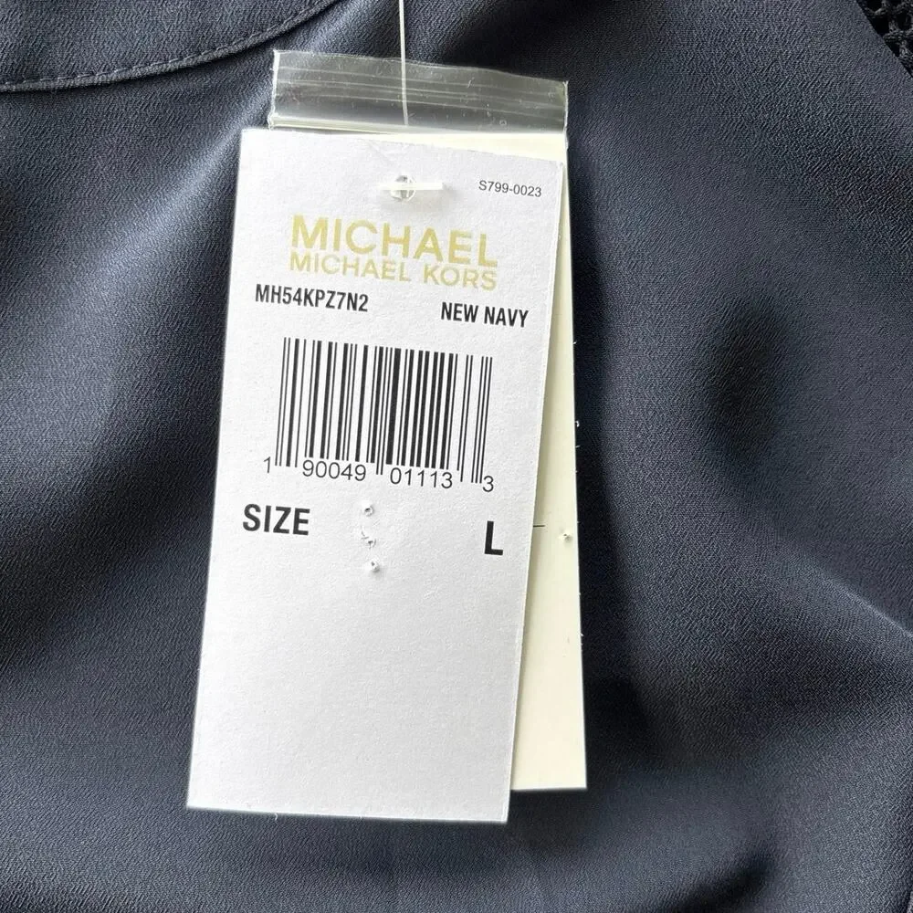 Michael Kors Mesh Sleeve Blouse Women's Large Navy Zip Side Long Sleeve NWT